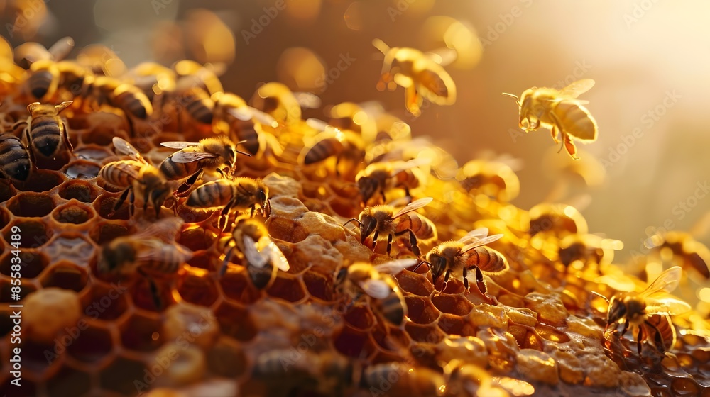 Poster diligent honeybees tending intricate hexagonal hive full of honey and larvae