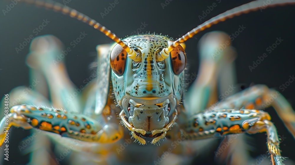 Poster close up detailed textured exoskeleton of a cricket with intricate patterns and colors