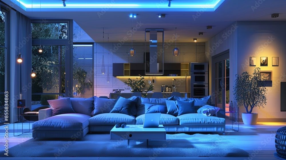 Poster a sleek and contemporary living room in a modern smart home, showcasing automated lighting and secur