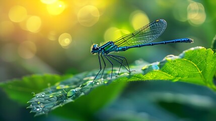 Vibrant Blue Damselfly Resting on Green Leaf in Sharp Focus with Delicate Slender Body and Wings