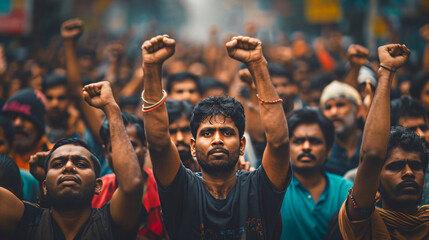 Group of indian men protesting in the streets.