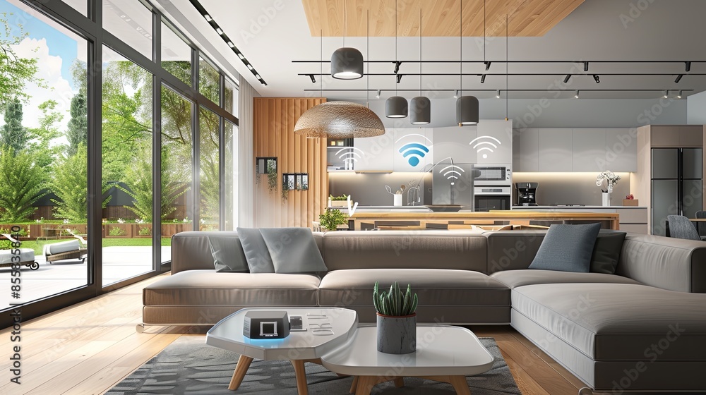 Aufkleber modern smart home with ai devices - voice assistants, automated lighting, and security systems. comf