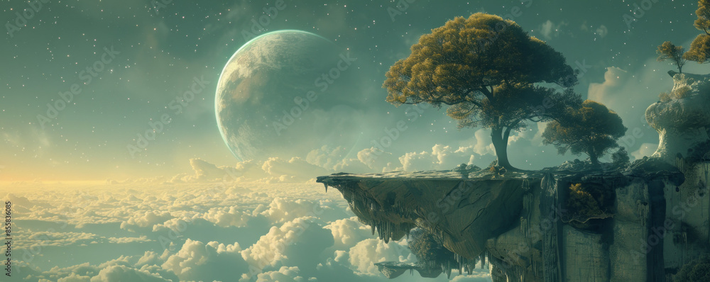 Poster a dreamlike landscape where objects defy gravity and logic, creating a surreal and otherworldly atmo