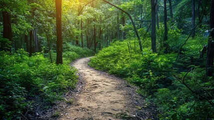 Fototapeta premium Hiking a scenic local trail through dense forest,