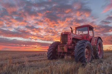 Fototapeta premium vintage red tractor in a field at sunset, capturing the charm of traditional farming equipment and agricultural heritage.