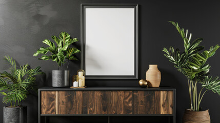 Mockup poster frame on shelf with aesthetic decor, wooden and black colors. Cozy dark interior. Generative AI