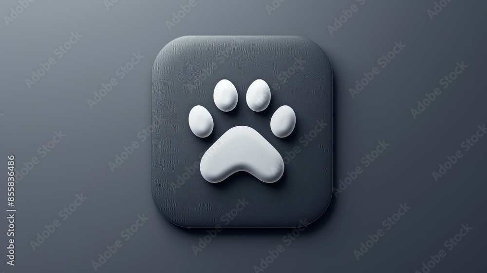 Poster a charming paw print icon poised elegantly on a sleek grey background serving as an internet button