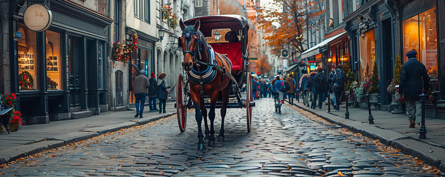 A horse-drawn carriage clopping through a cobblestone street, tourists snapping photos.