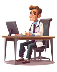 Fototapeta premium Illustration of a friendly doctor working at his desk with a computer, focused and dedicated to his profession.