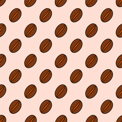 A pattern of coffee beans is shown in a variety of sizes and orientations