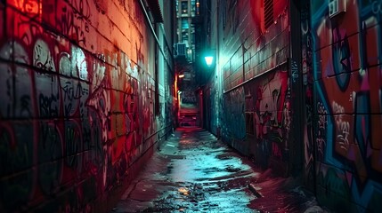 Fototapeta premium Gritty Graffiti Laden Alley Illuminated by Flickering Streetlight in the Urban Darkness