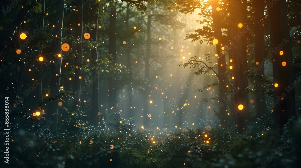 Canvas Prints Magical Fireflies Illuminating Mysterious Forest Atmosphere