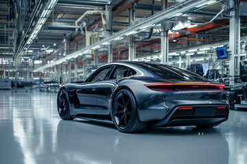 Obraz premium A sleek electric car showcased on the production line within a high-tech automotive factory, exemplifying modern engineering and design.