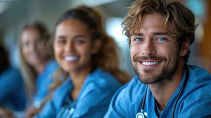 Fototapeta premium Portrait of smiling male surgeon sitting at table in hospital