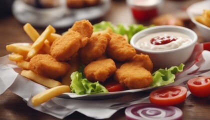 Fototapeta premium view of Chicken nuggets with fries