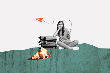Composite photo collage of happy girl hold iphone ticket booking plane flight summer vacation camp...