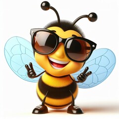 3D cartoon of a Happy Bee wearing sunglasses isolated white background
