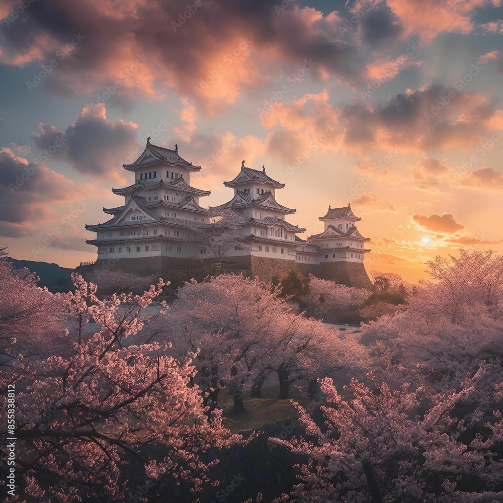 Poster AI-generated illustration of Himeji Castle surrounded by cherry blossoms at sunset