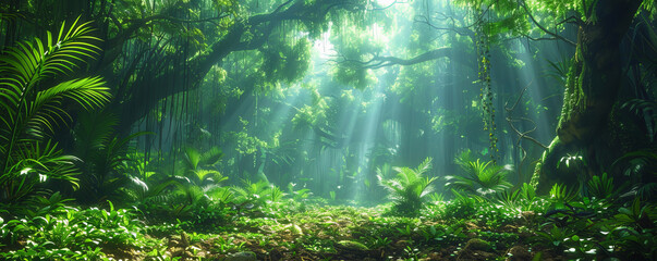 Obraz premium A dense rainforest teeming with life, its trees towering overhead and its undergrowth filled with exotic plants and animals.
