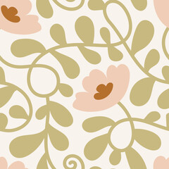 Pastel Wavy Flowers Seamless Pattern. Cute curvy botanical background with elegant gentle blossoms and leaves. Swirl plants. Repeat vector illustration