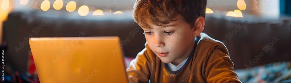 Poster young boy intensely focused on coding and programming on laptop exploring the digital frontier