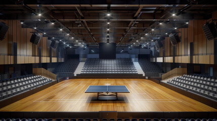 Fototapeta premium Large arena with floor made of wood, surrounded by audience seats, one table tennis table in the middle of the arena 