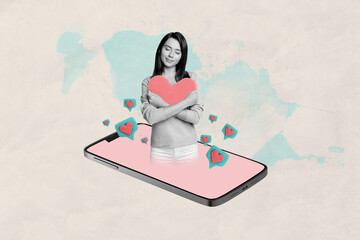 Composite photo collage of happy girl blogger peek iphone device screen receive like notification...