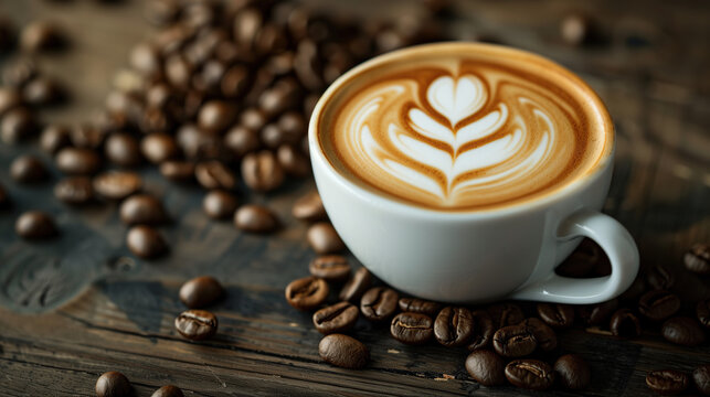 A detailed close-up of a rich, creamy cappuccino with latte art on top