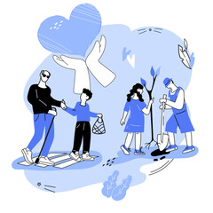 Children volunteers take part in social charity and environmental campaigns for greening and environmental conservation. Children's volunteer charity initiatives, vector illustration isolated on white