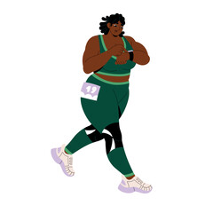 Fat black woman jogging in marathon to loss weight. Person with overweight running to care about health, body. Obese character training, does sports workout to fit. Flat isolated vector illustration