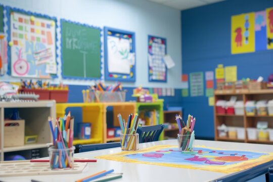 A visually stimulating classroom with a diverse collection of student projects and creative displays for the back to school day celebration.