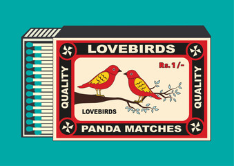 love Bird (chidiya) vector icon. illustration in Matchbox and matches illustration. Vintage and antique matchbox packaging design illustration. retro style packaging. old style design. open box