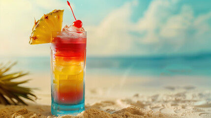Obraz premium A vibrant tropical cocktail with layers of bright colors, garnished with a slice of pineapple and a cherry