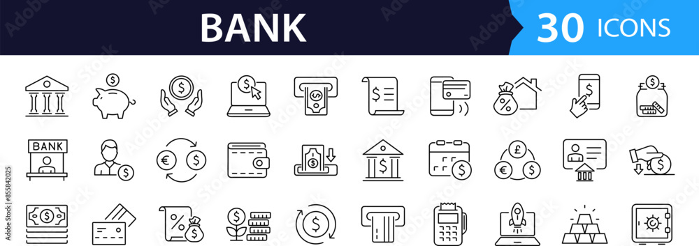 Poster bank set of web icons in line style. finance and money linear icon collection. containing payment, d