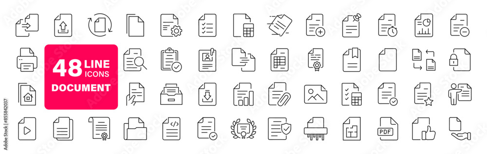 Fototapete Document set of web icons in line style. Documents linear icon collection. Containing contract papers, folder, certificate, accept, approved, clipboard, invoice, archive and more. Editable stroke