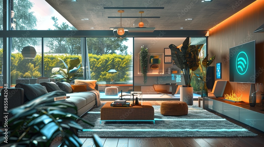 Poster an image of a modern smart home living room with ai-driven devices like voice assistants, automated 