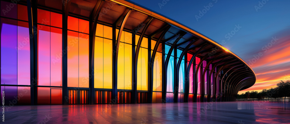 Poster a large building with many windows and a rainbow colored arch