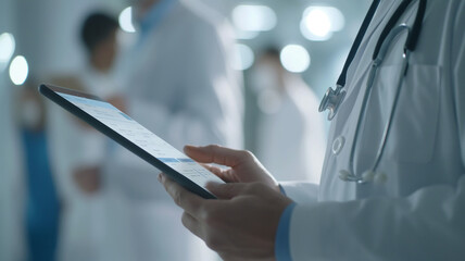 Obraz premium Technology and health concept. Doctor checks patient's reports on tablet.
