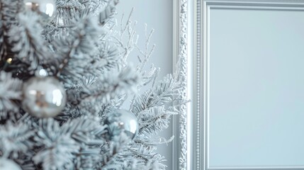 Mockup of silver frame and close up of silver Christmas tree with space for text or ads