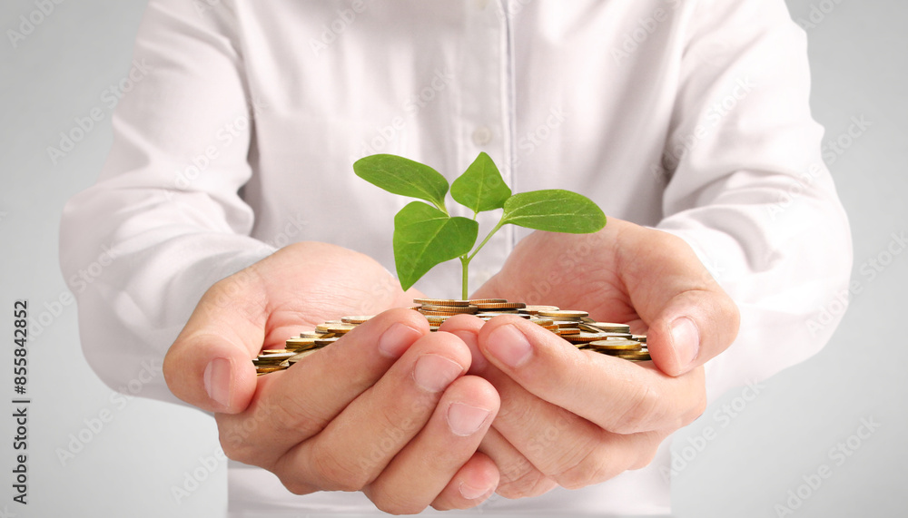 Wall mural Businessman holding plant sprouting from a handful of coins