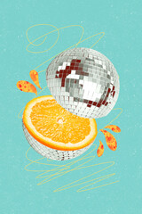 Creative abstract template collage of discoball orange juive fruit party discotheque unusual...