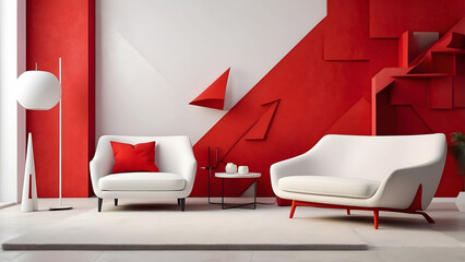 Modern red and white abstract living room
