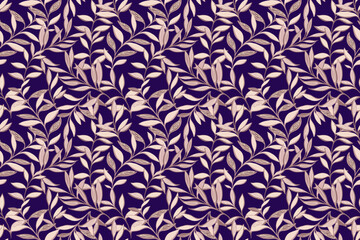 Abstract artistic jungle pattern with creative branches leaves. Pastel beige plants seamless print on a dark background. Vector hand drawing illustration. Designs for fabric, cover, textiles, fashion