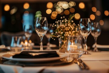 Luxury fine dining table setting mockup for wedding invitation with elegant restaurant menu banner