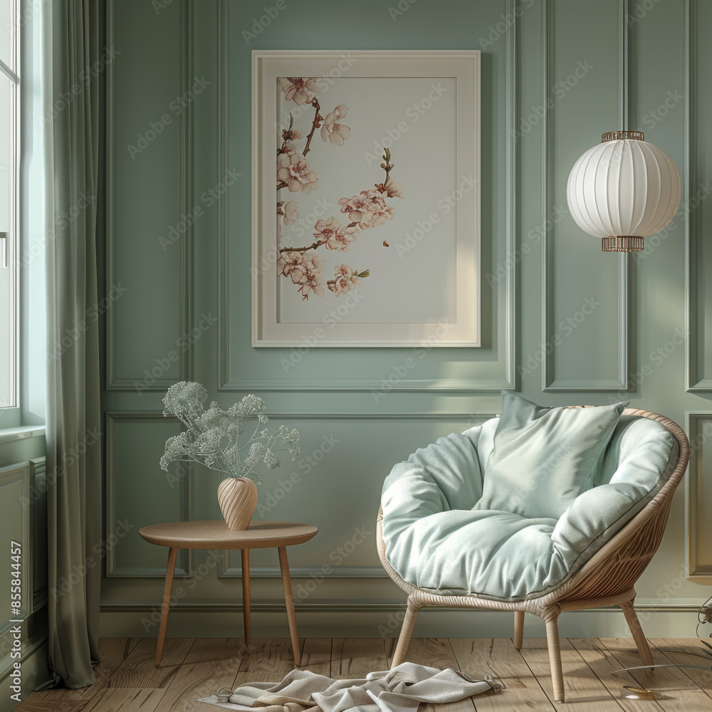 Poster an empty vertical rectangular frame mockup, placed on the wall of a modern living room with light gr