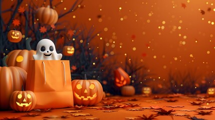 Halloween Sale Promotion Poster template with Halloween pumpkins,cute ghost,coupon,shopping bag .Website spooky or banner template.Vector illustration eps 10 There is space for text.