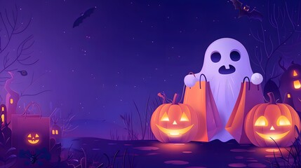 Halloween Sale Promotion Poster template with Halloween pumpkins,cute ghost,coupon,shopping bag .Website spooky or banner template.Vector illustration eps 10 There is space for text.