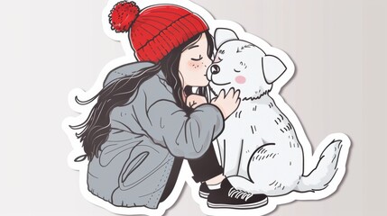 Fototapeta premium A girl kissing a white dog with a red hat
