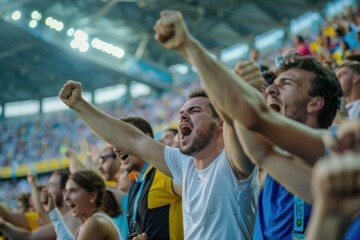 Fototapeta premium Excited soccer fans cheering and raising their arms in a stadium