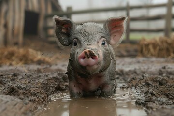 A playful piglet covered in mud, standing in a muddy puddle with a big smile. The background shows a rustic barn 